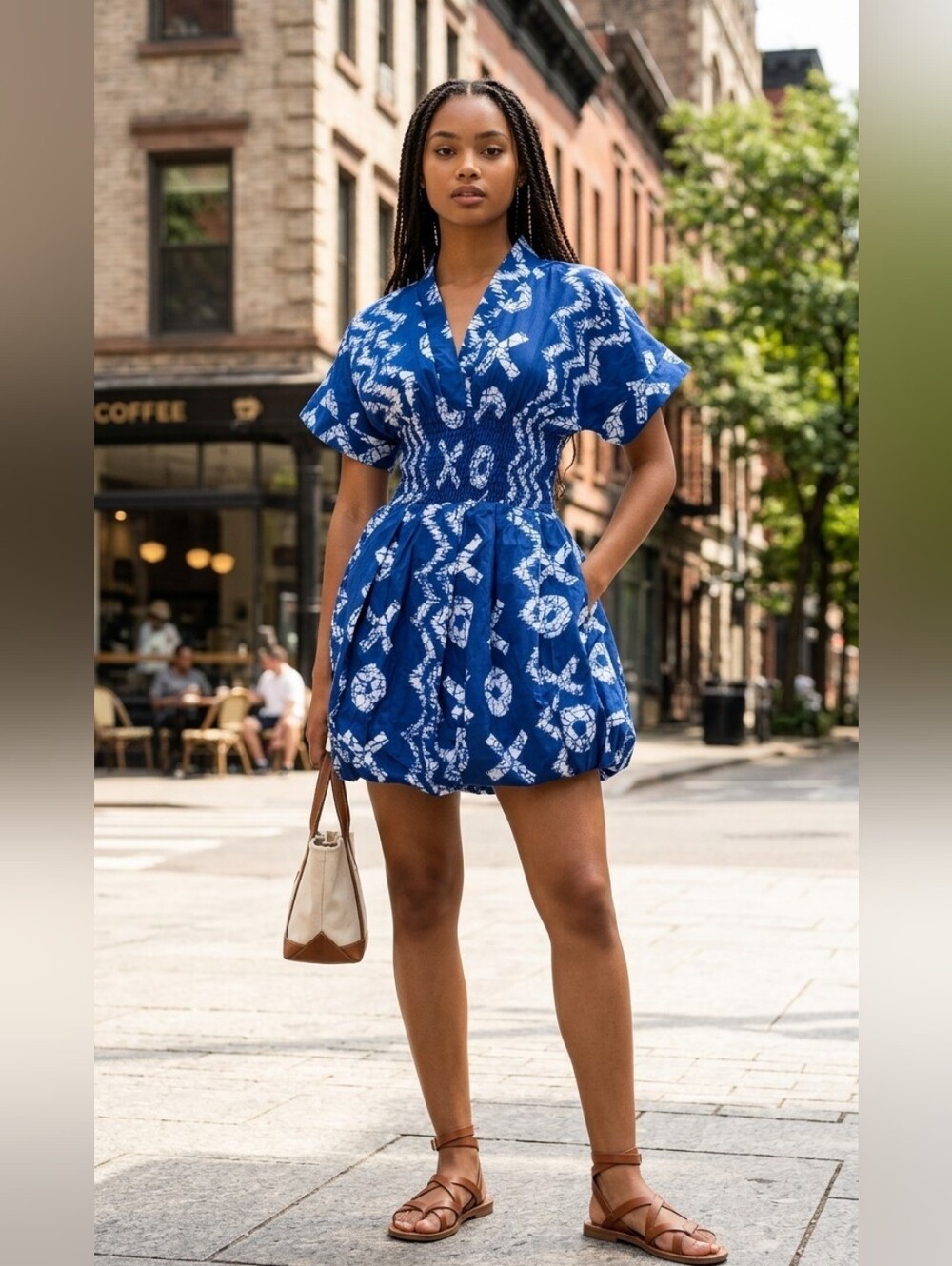 Blue Printed Short Sleeve Smocked-Waist Mini Dress